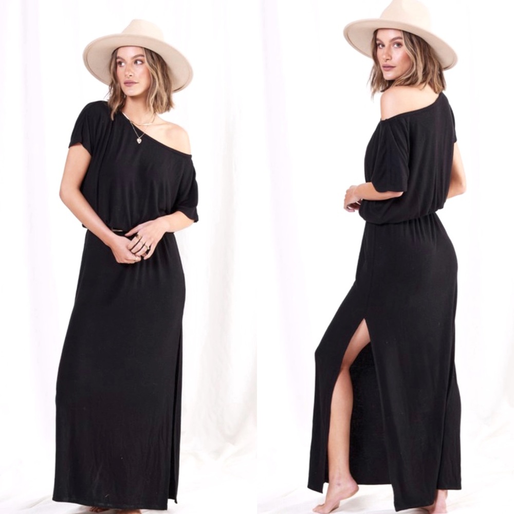 Love Stitch Soft Bamboo Black Off Shoulder Dress